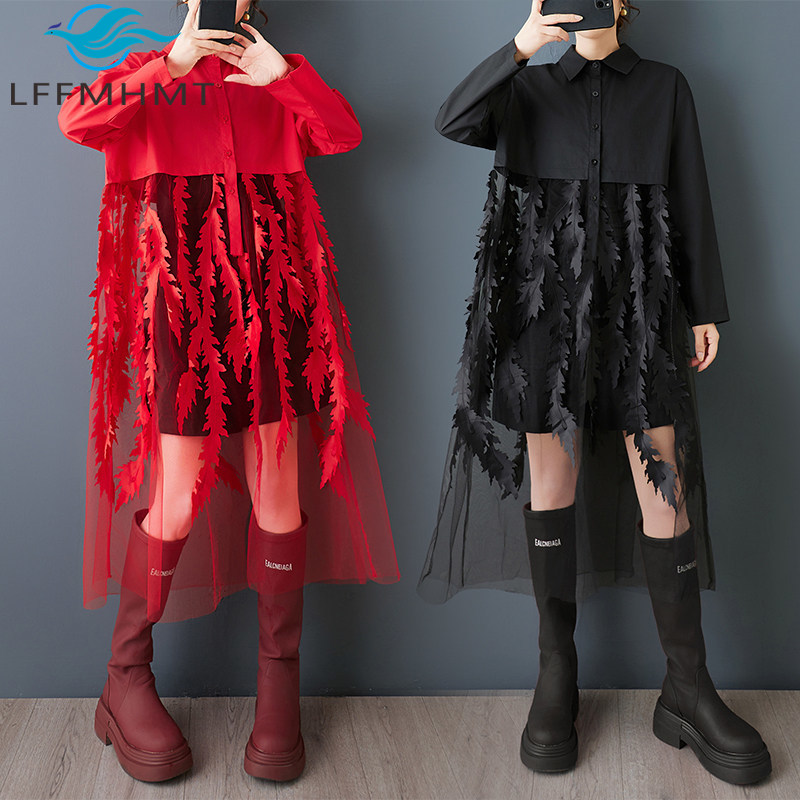 Korean Style A Line Shirt Dress - Wiosenna, luźna sukienka koszulowa z kwiatowym