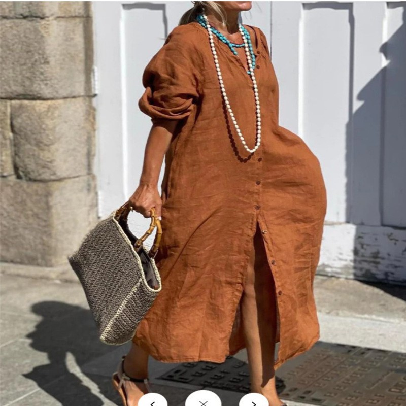 Casual Loose Linen Shirt Dress - Elegancka wiosenna sukienka damska z bawełny