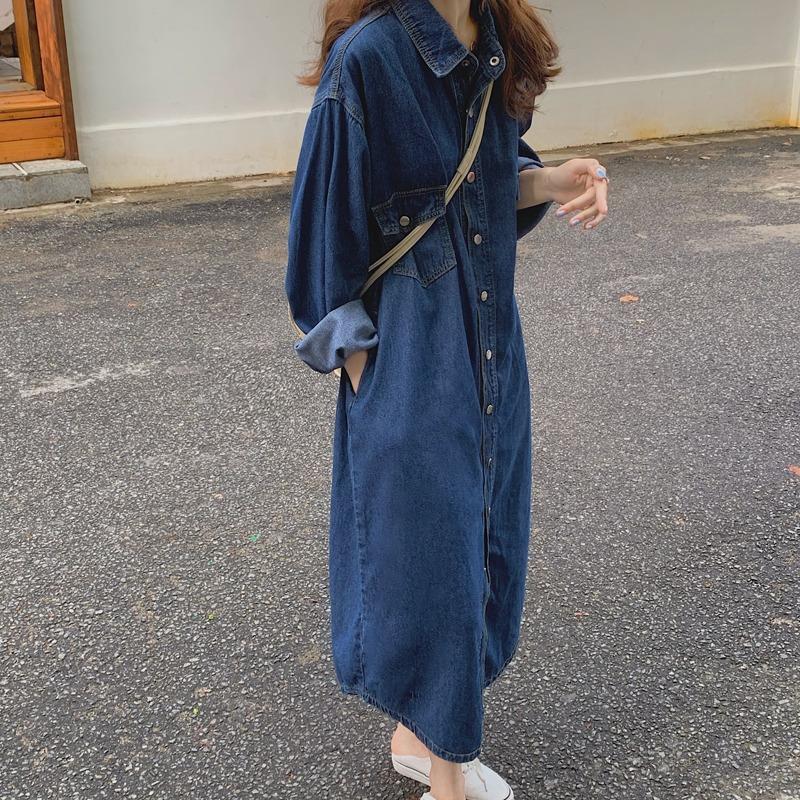 Korean Style A Line Shirt Dress - Sukienka damska dżinsowa 2026, długa, do