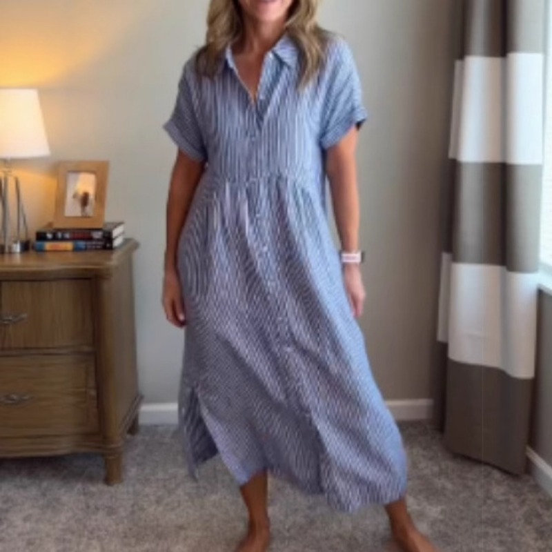 Casual Loose Linen Shirt Dress - Damska sukienka koszulowa w paski, letnia,