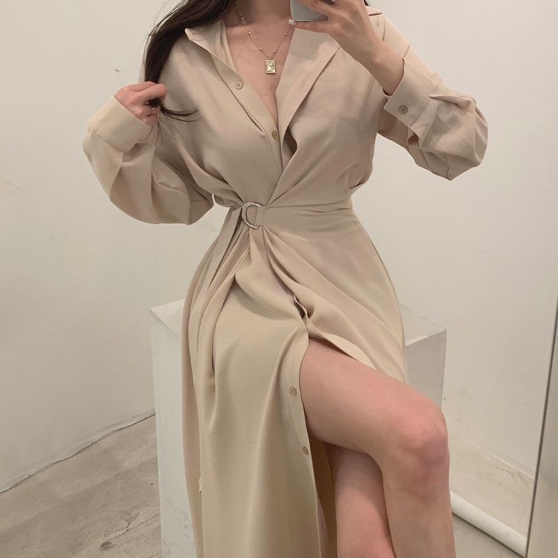 Sukienka z długim rękawem i kl – Korean Style A Line Shirt Dress recenzja i cena