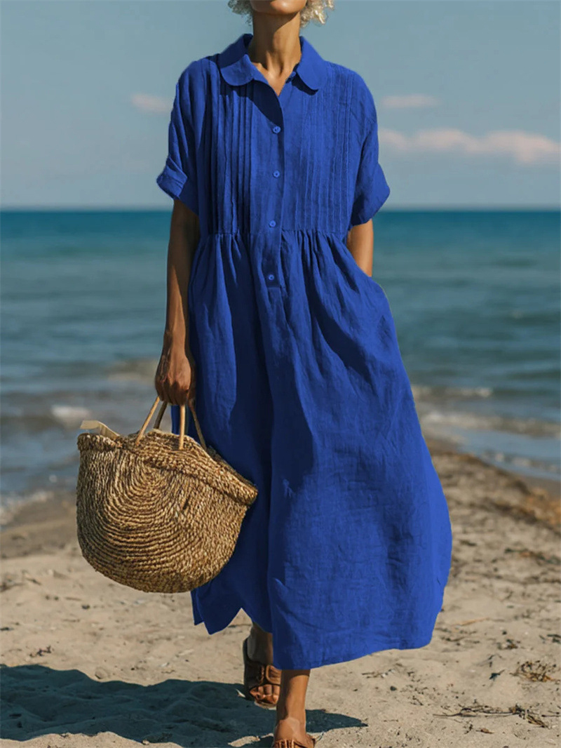 Damska sukienka midi lub maxi  – Casual Loose Linen Shirt Dress recenzja i cena